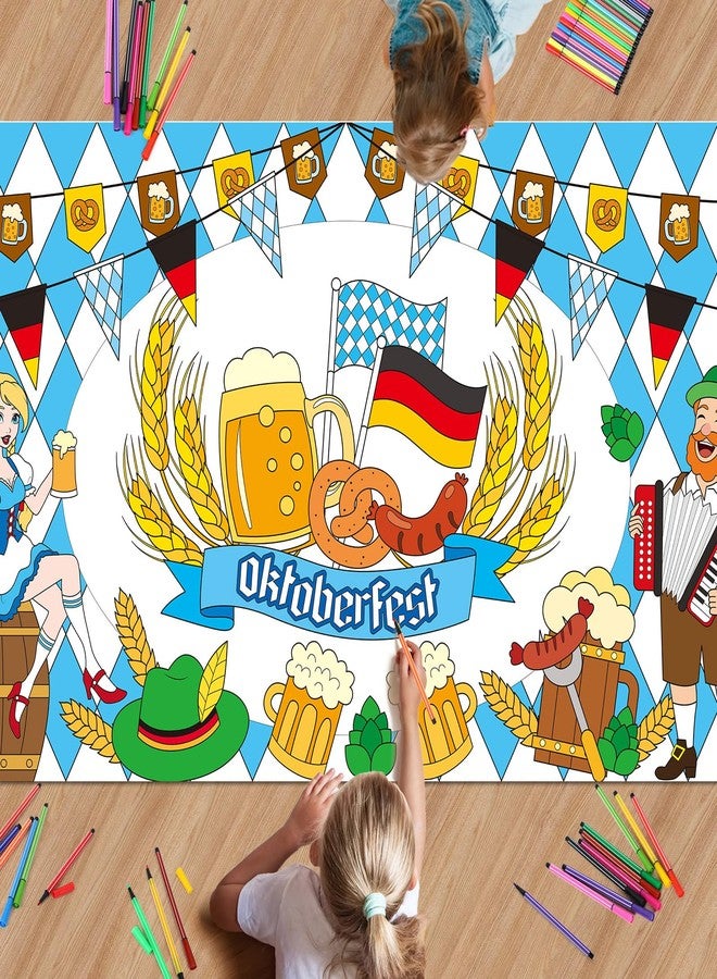 AUGSUN Oktoberfest Coloring Poster with 18 Pcs Paint Pens, Bavarian German Party Games Giant Poster Octoberfest Blue White Diamonds Checkered Beer Tablecloth for Party Decorations Supplies, 72 x 30 In - Image 1